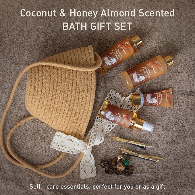 Spa Gift Set for Women, Coconut & Honey ALMOND Teengirls Gifts Friendship Women, Tote Bag, Shower Gel, Hand & Body Cream, Bath Gift Set for Her, Birthday for Best Friend, Mom, Mothers Day