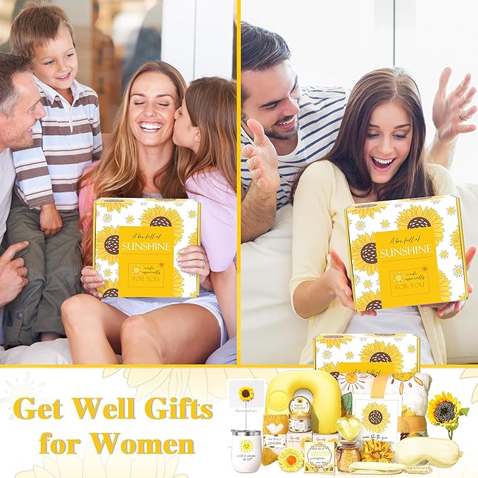 LUCOTIYA Sunflower Get Well Gifts for Women Self-Care Gift Set with Wine Tumbler, Blanket, Neck Pillow, Cozy Socks, Candle, Bath Bombs, for Women Birthday Mom Grandma