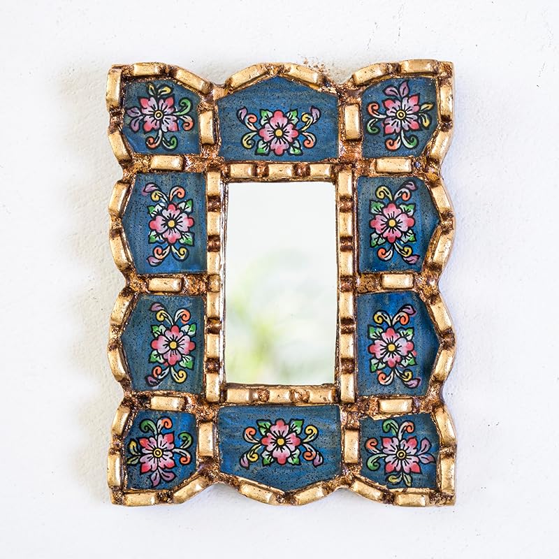 Peruvian handmade Rectangle mirror for wall decor | Decorative rmirrors for home, farmhouse | housewarming gift | home decor and gifts (Blue)