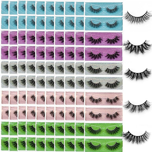 Wholesale Lashes, 3D Faux Mink Eyelash Bulk, 18mm Handmade Reusable Eye Lash, 5 Styles Dramatic Fluffy False Lash with Glitter Portable Packing (Fluffy 5 styles-100 pairs)
