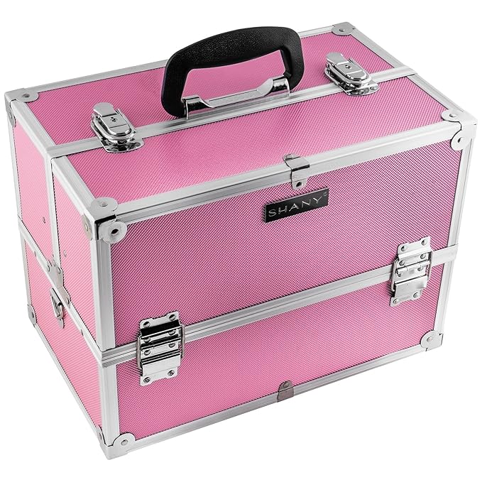 SHANY Essential Pro Makeup Train Case Cosmetic Box Portable Makeup Case Cosmetics Beauty Organizer Jewelry storage with Locks, Multi Compartments Makeup Box and Shoulder Strap - Pink