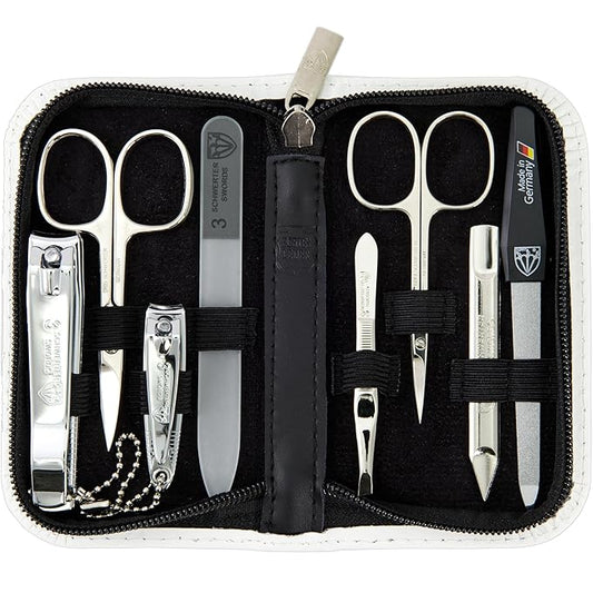 Swords Germany - brand quality 8 piece manicure pedicure grooming kit set for professional nail care genuine leather case white - Made in Germany