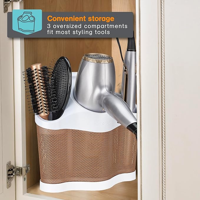 Polder Style Station, Tool Organizer for Hair Dryer, Curling Iron, and Straightener, Easy-to-Store Hair Styling Station, White and Copper