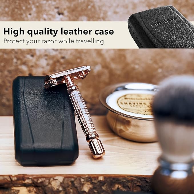 Störtebekker® Premium Men's Safety Razor ‘Hamburg’ - incl. handmade leather case with built-in mirror, 10 Störtebekker blades & shaving guide - First Class Wet Razor shaving set - Gift Idea for Men