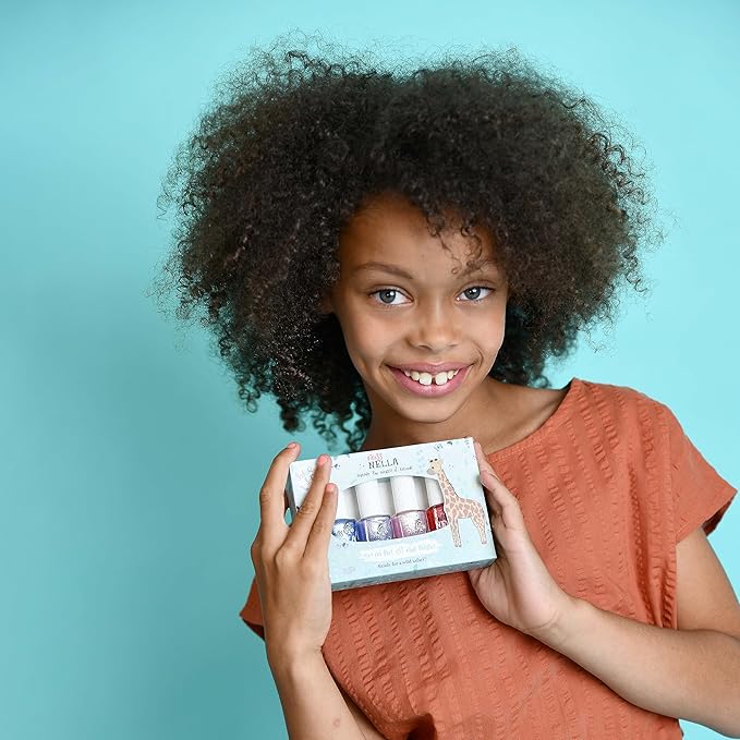 MISS NELLA SAFARI COLLECTION Glitter Nail Polish for kids, set of 4 glitter varnishes: pink, red, purple & blue, Peel- Off varnish for toddlers