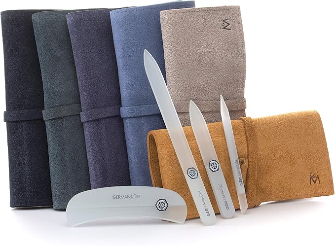 GERMANIKURE Crystal Glass Nail File Set in Beige Suede Case – Handmade in Czech Republic – Professional Manicure & Pedicure Supplies – Glass Cuticle Stick, Pusher, Moon File