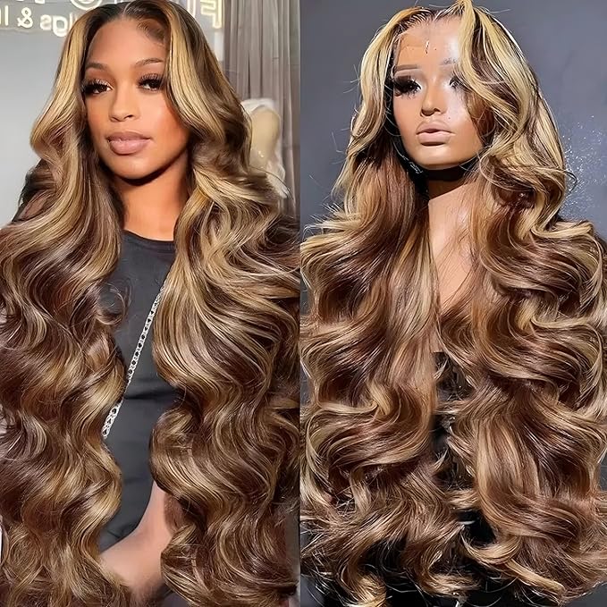 28 Inch Highlight Ombre Lace Front Wig Human Hair 13x4 HD Lace Frontal Wig Body Wave Lace Front Wigs Human Hair Pre Plucked 4/27 Colored Honey Blonde Wig Human Hair Glueless Wigs 180% Density
