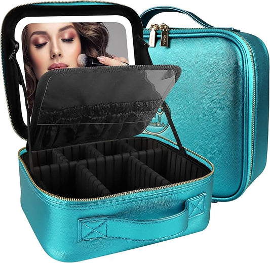 MOMIRA Travel Makeup Bag Cosmetic Bag Makeup Organizer Bag with Lighted Mirror, Adjustable Brightness in 3 Color Scenarios, Waterproof Makeup Train Case, Gift for Women - Brilliant Blue