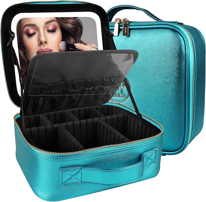 MOMIRA Travel Makeup Bag Cosmetic Bag Makeup Organizer Bag with Lighted Mirror, Adjustable Brightness in 3 Color Scenarios, Waterproof Makeup Train Case, Gift for Women - Brilliant Blue