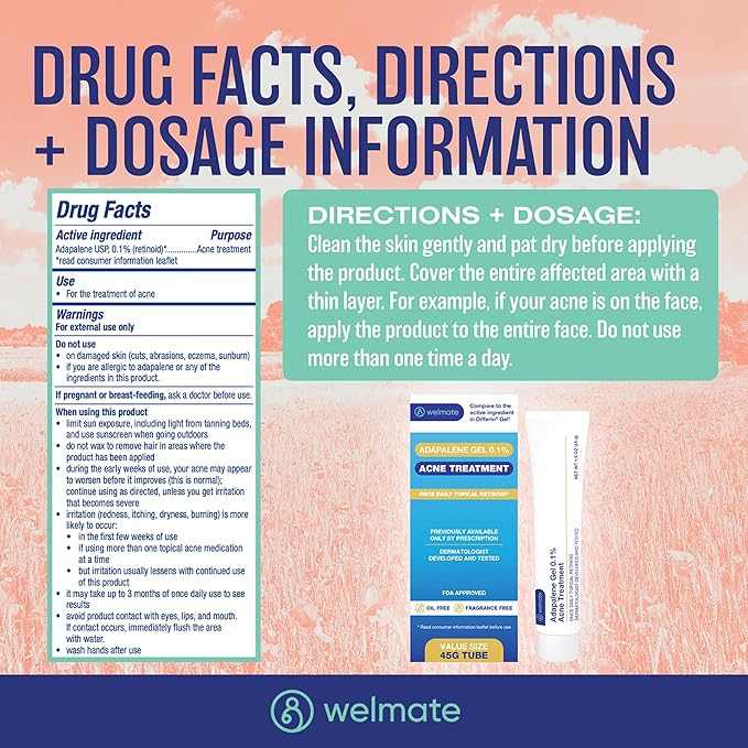 WELMATE - Adapalene Gel 0.1% - FSA HSA Acne Treatment - Skin Care - Daily Topical - Acne Skincare - Pimple Cream - Acne Cream - Oil & Fragrance Free - 1.6oz / 45g