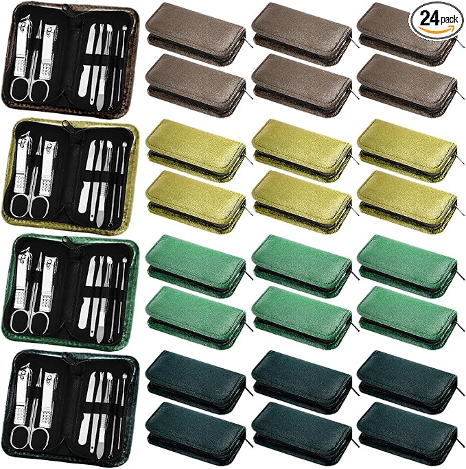 Coume 24 Sets Nail Kit Manicure Set Bulk with Zipper Professional Nail Clippers 8 in 1 Stainless Steel Nail Care Tools with Luxurious Travel Case Gifts for Men Women Friends Colleagues(Green Series)