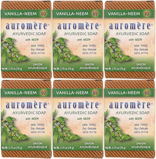 Auromere Ayurvedic Bar Soap, Vanilla Neem - Eco Friendly, Handmade, Vegan, Cruelty Free, Natural, Non GMO (2.75 oz), 6 pack