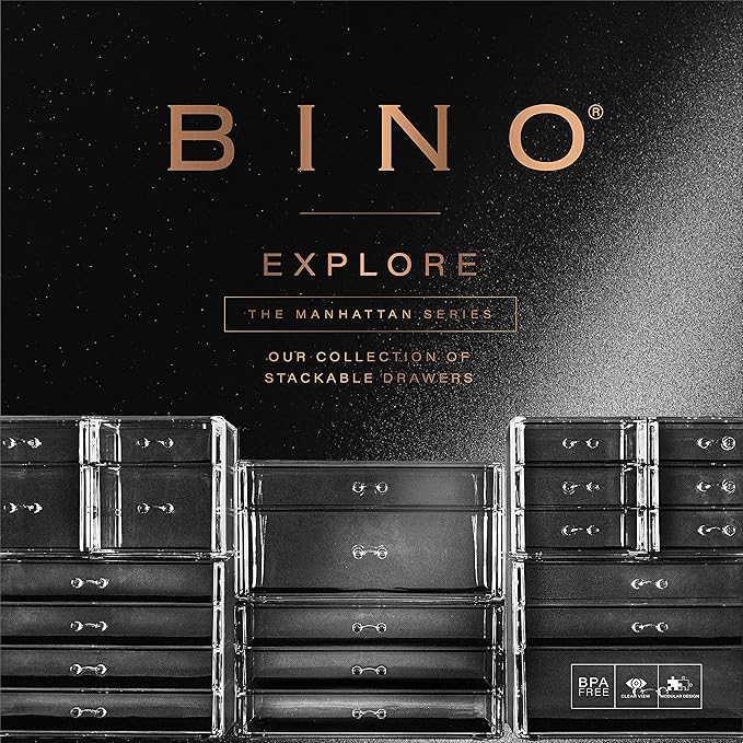 BINO | 3-Drawer Makeup Organizer, Park Avenue | THE MANHATTAN SERIES | Modular Design Storage Drawers | Vanity Acrylic Organizers | Stackable Storage Bins | Clear Makeup Organizers And Storage