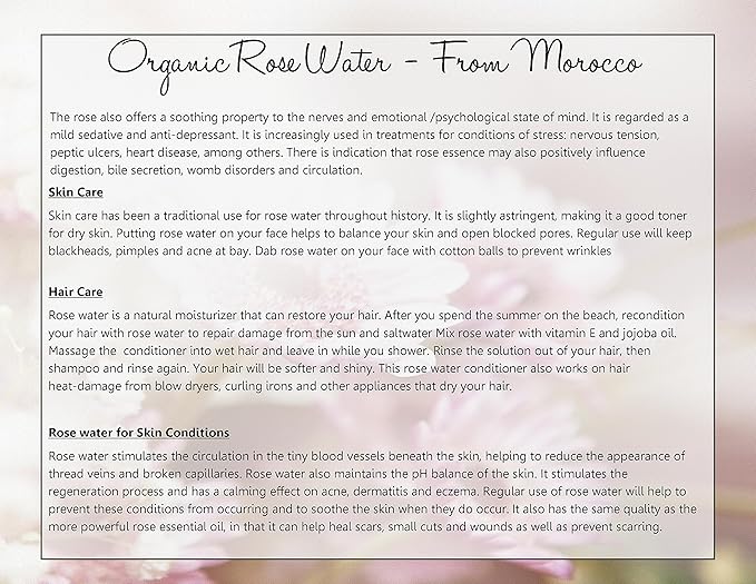 Premium Organic Moroccan Rose Water - 4oz - Imported from Morocco - 100% Pure (Food Grade) No Oils or Alcohol - Rich in Vitamin A & C. Perfect for Reviving, Hydrating & Rejuvenating Your Face & Neck