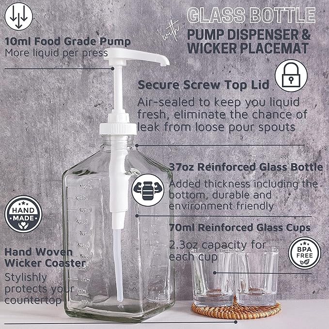 eBun 37oz Glass Mouthwash Dispenser for Bathroom, Countertop Container with Reusable Rinse Cups, Kids Mouthwash Pump, Elegant Mouth Wash Holder, Dish Soap Dispenser Set, Hand Soap Bottle, Decanter