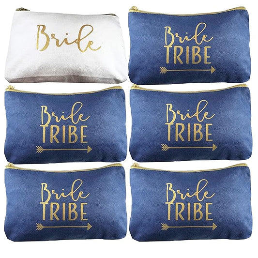 Heather & Willow 6 Piece Set | Navy Blue Bride Tribe Canvas Cosmetic Makeup Clutch Gifts Bag for Bridesmaid Proposal Box & Bridesmaids Bachelorette Party Favors