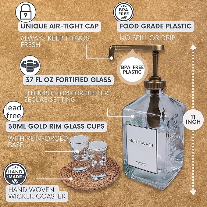 eBun Goldengleam Glass Mouthwash Dispenser (Gold Plastic Pump) 37oz Mouthwash Pump Dispenser, Mouth Wash Holder with Rinse Cup, Mouth Wash Glass Bottle, Decanter, Large Bottle for Bathroom Set
