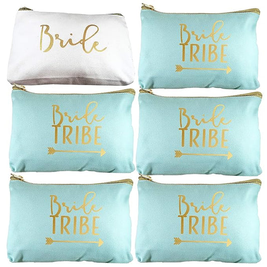 Heather & Willow 6 Piece Set | Seafoam Green Bride Tribe Canvas Cosmetic Makeup Clutch Gifts Bag for Bridesmaid Proposal Box & Bridesmaids Bachelorette Party Favors