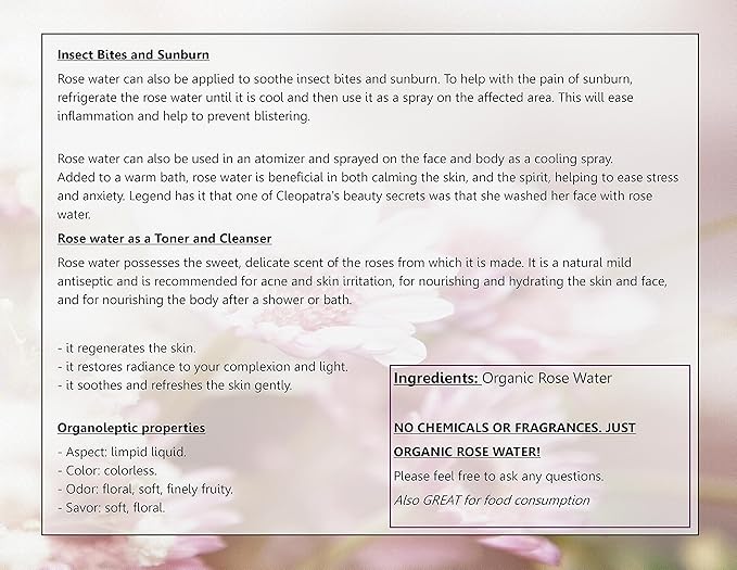 Premium Organic Moroccan Rose Water - 4oz - Imported from Morocco - 100% Pure (Food Grade) No Oils or Alcohol - Rich in Vitamin A & C. Perfect for Reviving, Hydrating & Rejuvenating Your Face & Neck