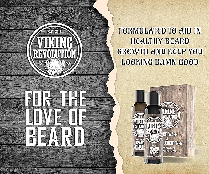 Viking Revolution Beard Shampoo and Conditioner Set - Top-tier Beard Care Kit with Argan & Jojoba Oils for Healthy Beard Growth, No Itching or Irritation, Rich Lather, Eucalyptus Scent (10 oz)